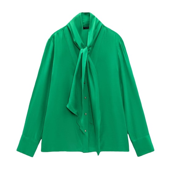 NWT  Zara Spring 2022 Green Tie Neck Bow Blouse - L - Picture 1 of 16